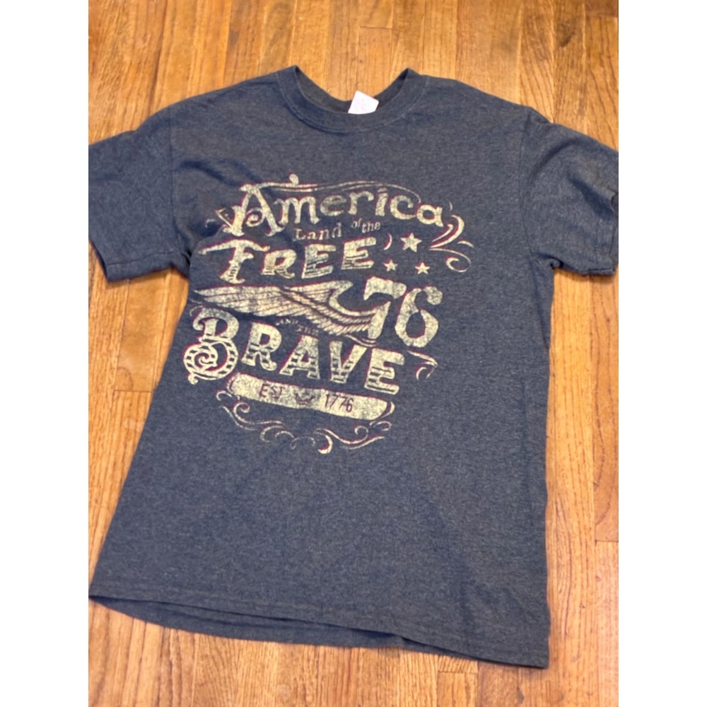 Gildan America Land of the Free Brave 76 Graphic T-Shirt Gray Mens Small